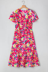 Pink Floral Print V Neck Pocketed High Waist Plus Size Midi Dress Plus Size Midi Dresses JT's Designer Fashion