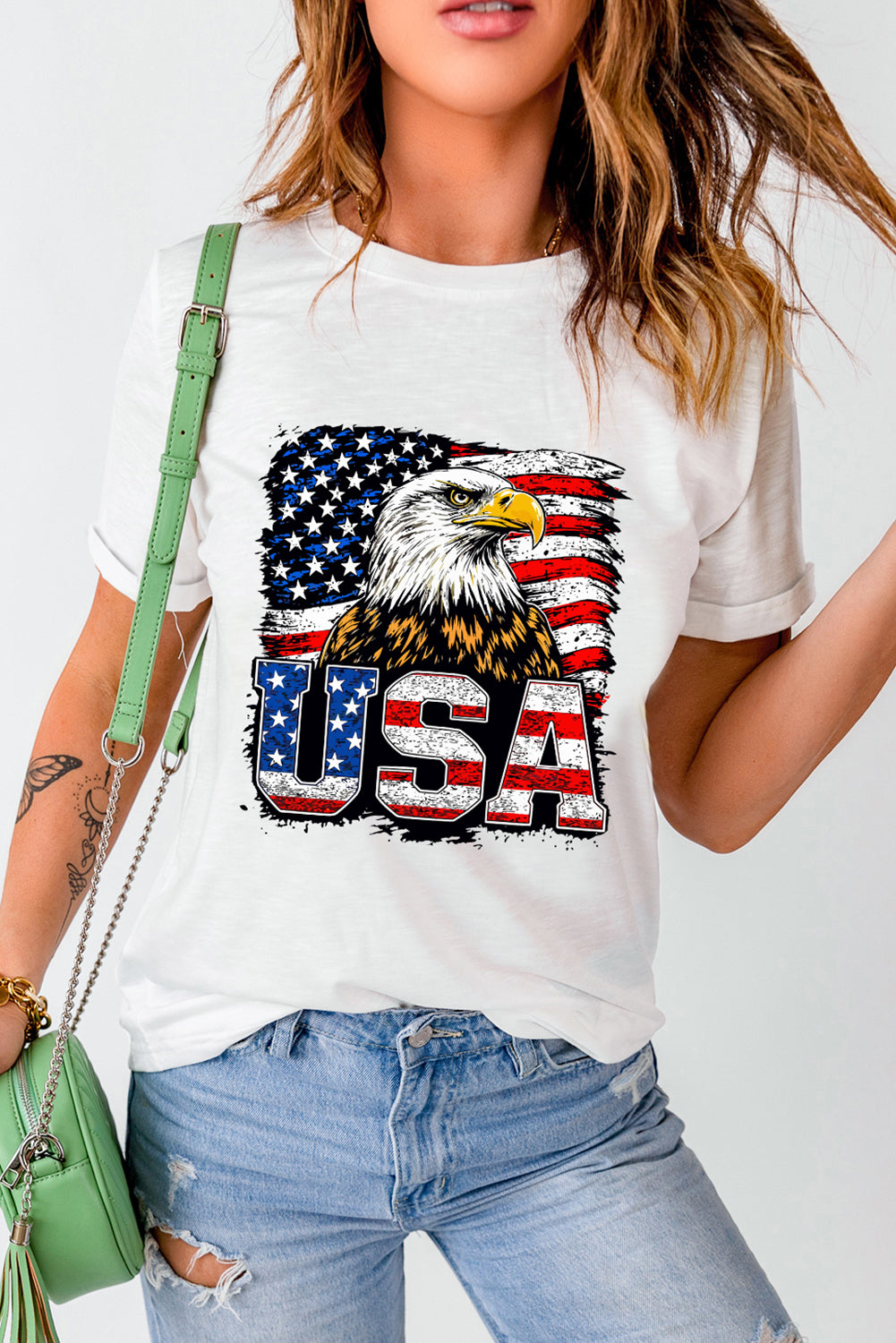 White USA Flag Eagle Graphic 4th July T Shirt Graphic Tees JT's Designer Fashion