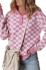 Pink Checkered Buttons Collar V Neck Drop Shoulder Sweater Sweaters JT's Designer Fashion