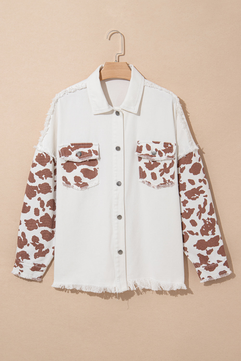 White Cow Spot Patchwork Flap Pocket Distressed Hem Long Denim Jacket Denim Jackets JT's Designer Fashion