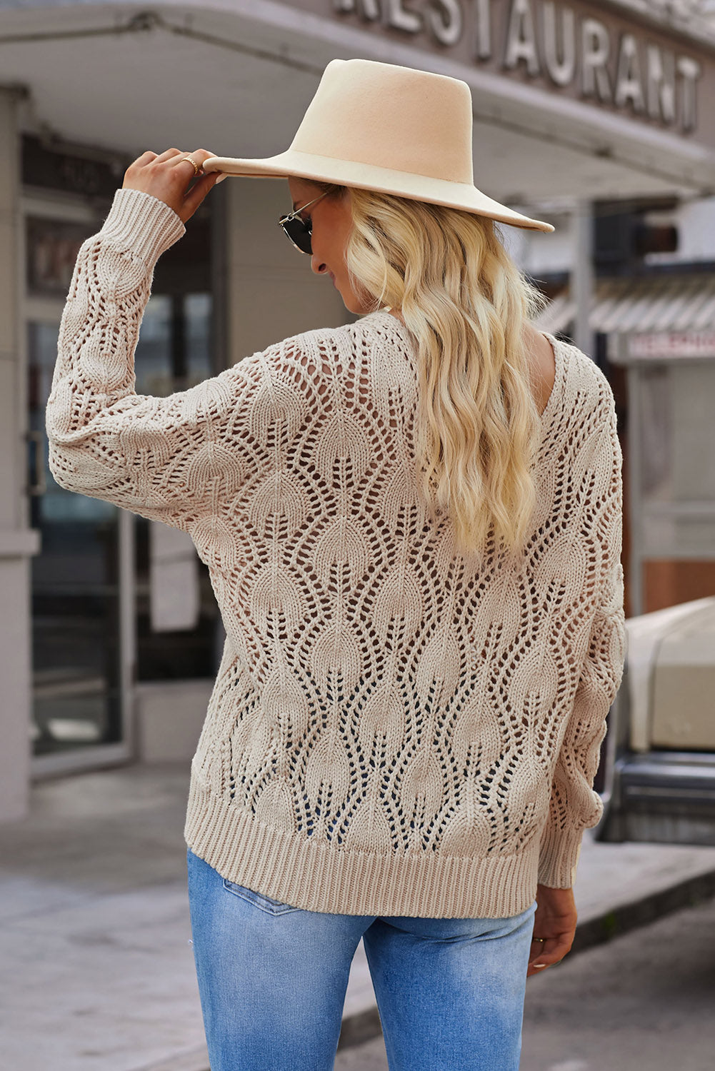 Apricot Crochet Knit Ribbed Hem Hollow-out Sweater Sweaters JT's Designer Fashion
