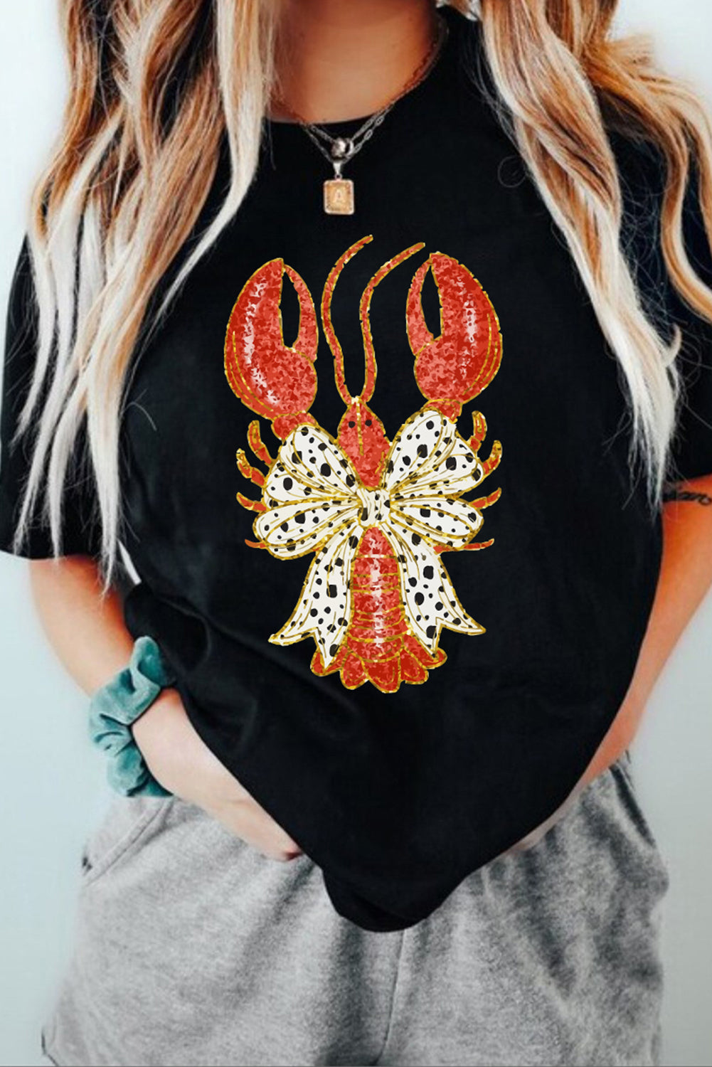 Black Dotty Bow Knot Crawfish Printed T Shirt Graphic Tees JT's Designer Fashion