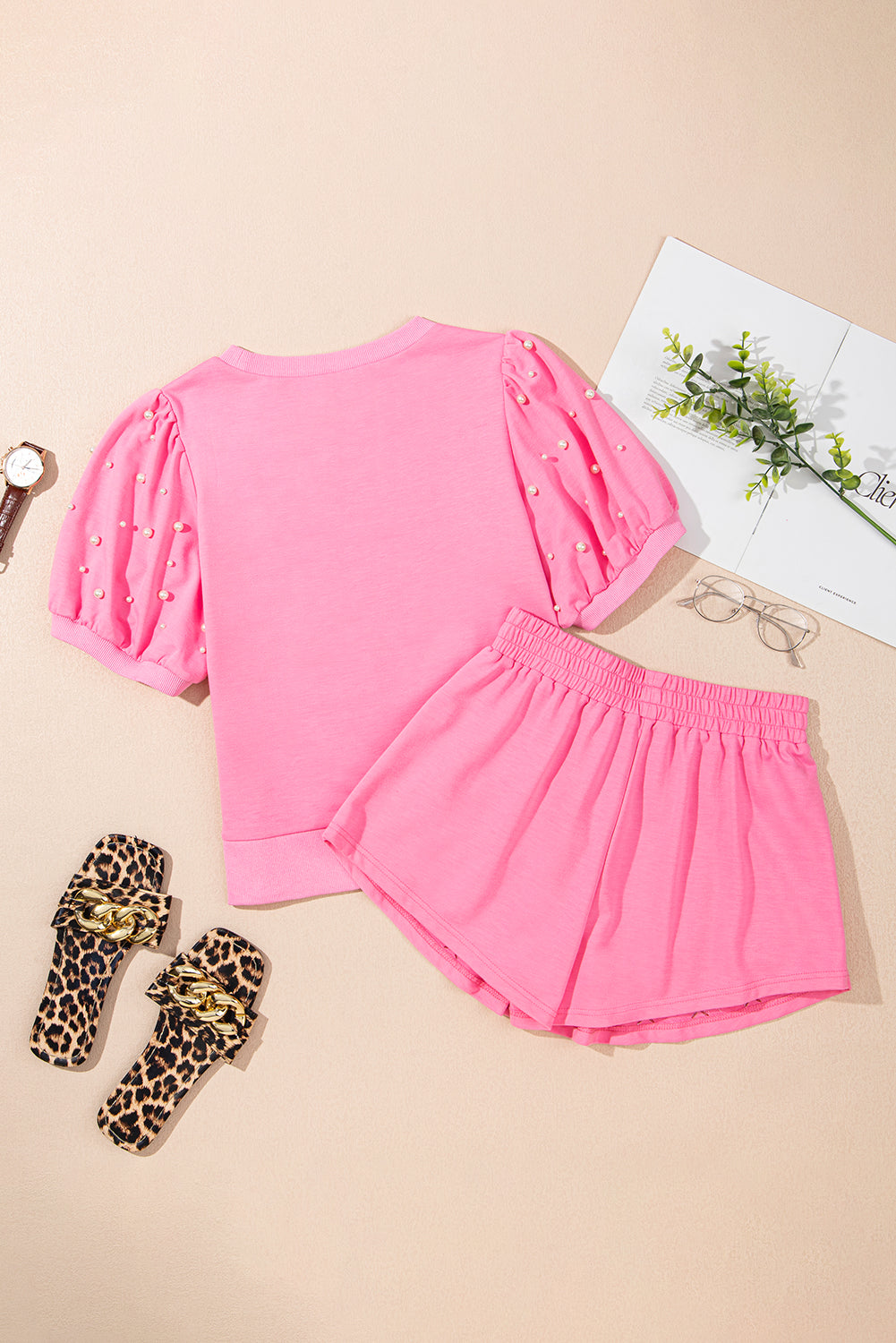Pink Contrast Bow Trim Pearl Puff Sleeve Blouse and Skort 2pcs Set Short Sets JT's Designer Fashion