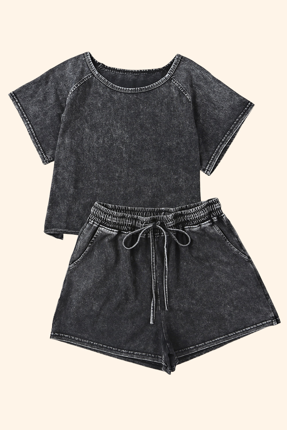 Black Acid Washed Short Lounge Set Short Sets JT's Designer Fashion