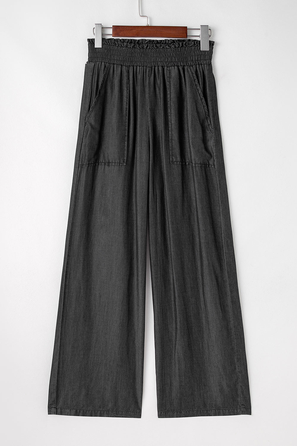 Black Side Pockets Frilled Smocked High Waist Wide Leg Jeans Jeans JT's Designer Fashion