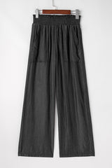 Black Side Pockets Frilled Smocked High Waist Wide Leg Jeans Jeans JT's Designer Fashion