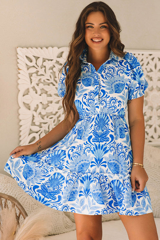 Sky Blue Retro Floral Print Drawstring Waist Ruffled Mini Dress Sky Blue 100%Polyester Floral Dresses JT's Designer Fashion