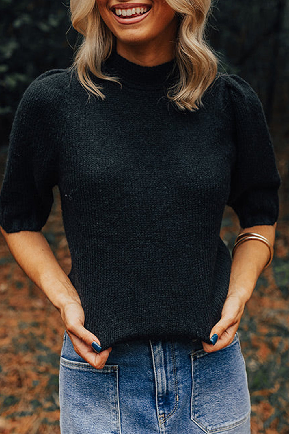 Black Knotted Keyhole Nape Short Sleeve Knit Sweater Top Sweaters & Cardigans JT's Designer Fashion