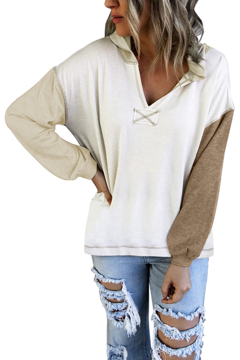 Khaki Colorblock V Neck Long Sleeve Hoodie Sweatshirts & Hoodies JT's Designer Fashion