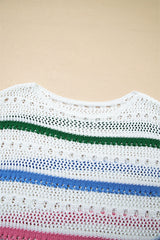 White Color Block Striped Pointelle Knit Sweater Sweaters JT's Designer Fashion