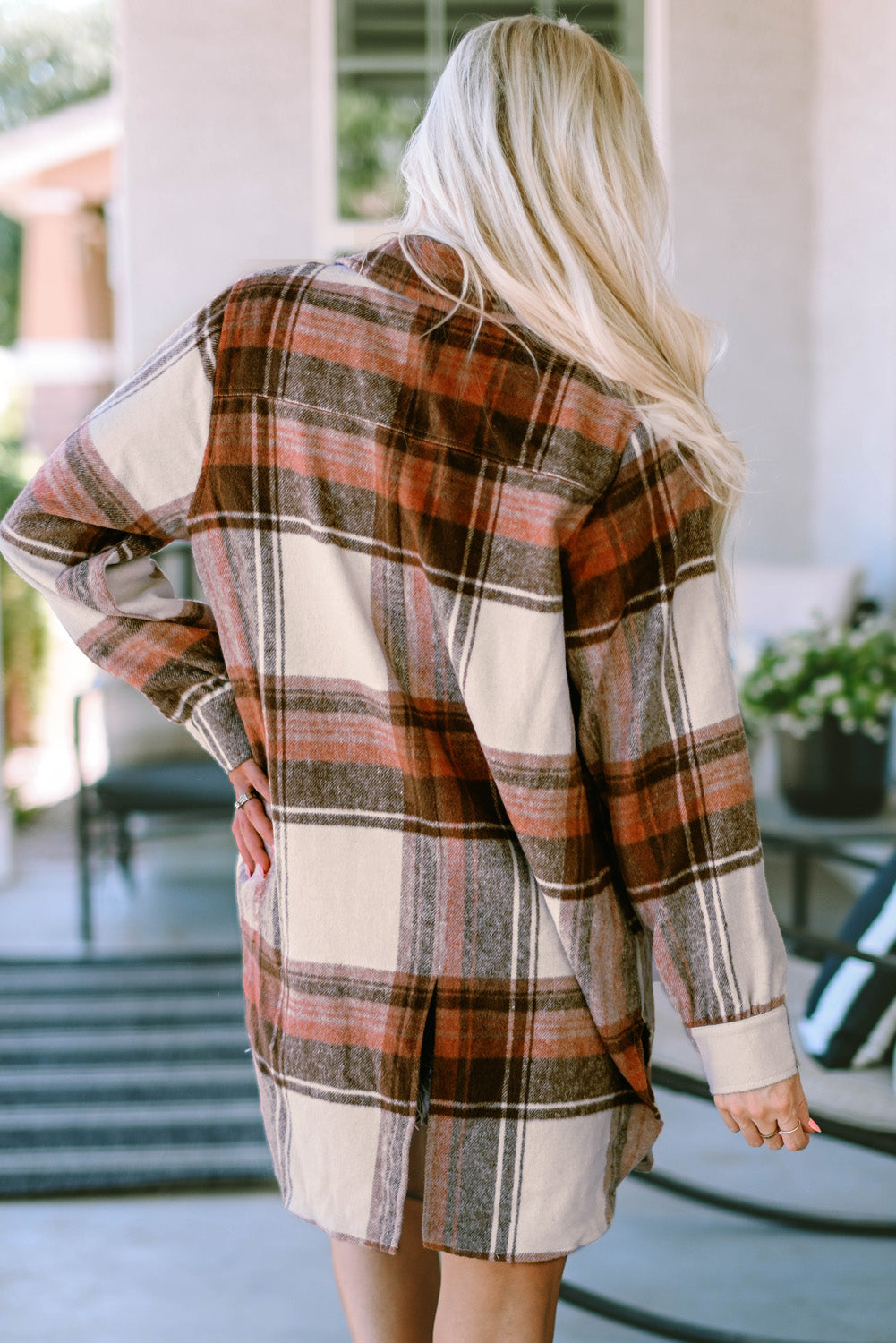 Brown Plaid Print Flap Pockets Long Shacket Plaid Shackets JT's Designer Fashion