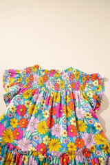 Sky Blue Floral Print Smocked Notch V Neck Flutter Sleeve Mini Dress Floral Dresses JT's Designer Fashion