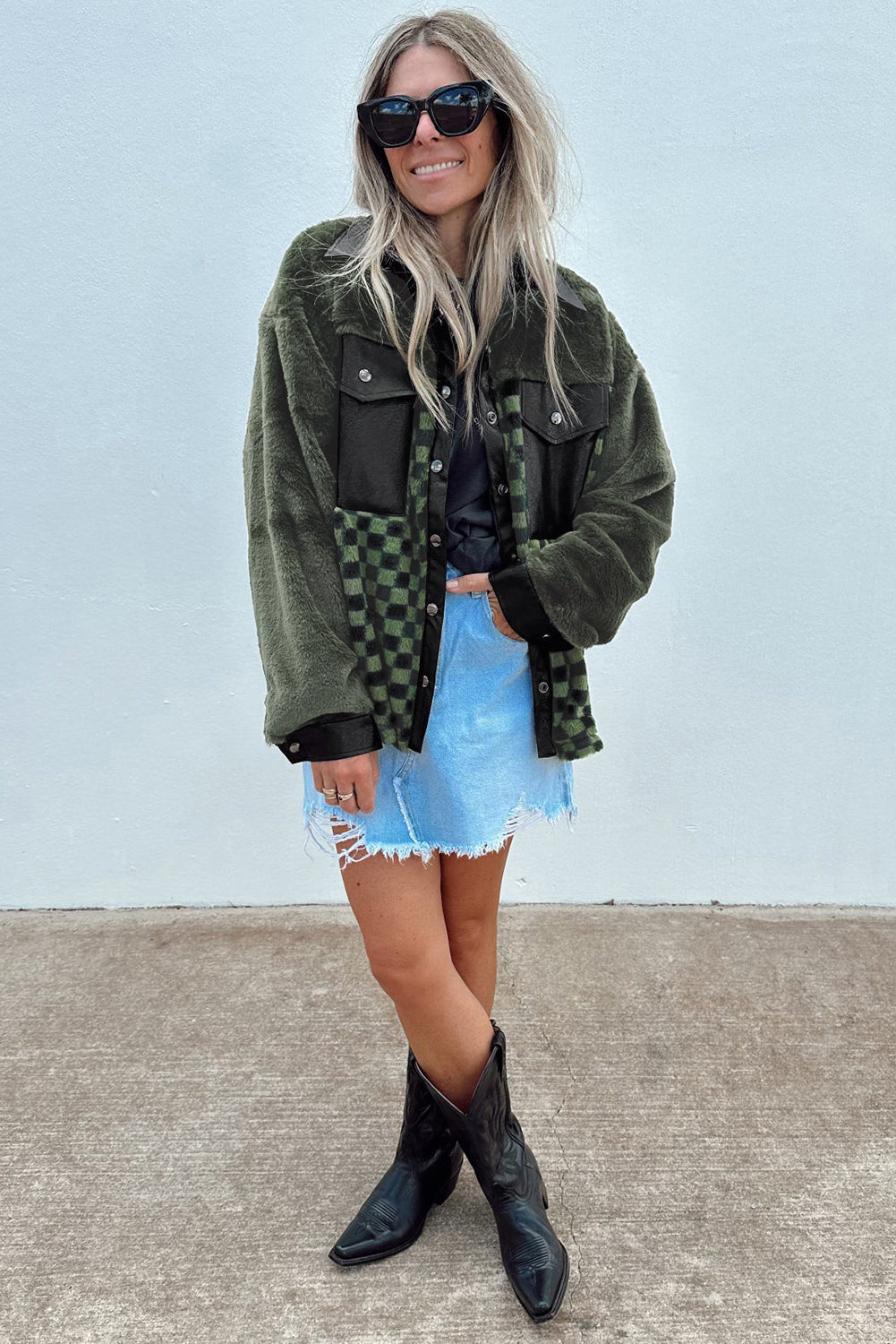 Vineyard Green Fleece Checkerboard Flap Pocket Snap Button Jacket Jackets JT's Designer Fashion