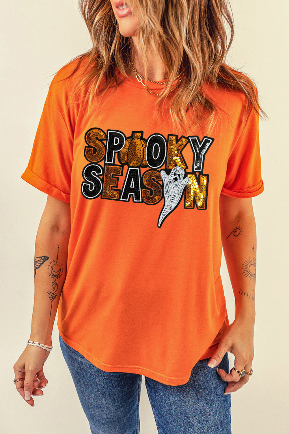 Orange Sequin SPOOKY SEASON Ghost Pattern Halloween T Shirt Graphic Tees JT's Designer Fashion