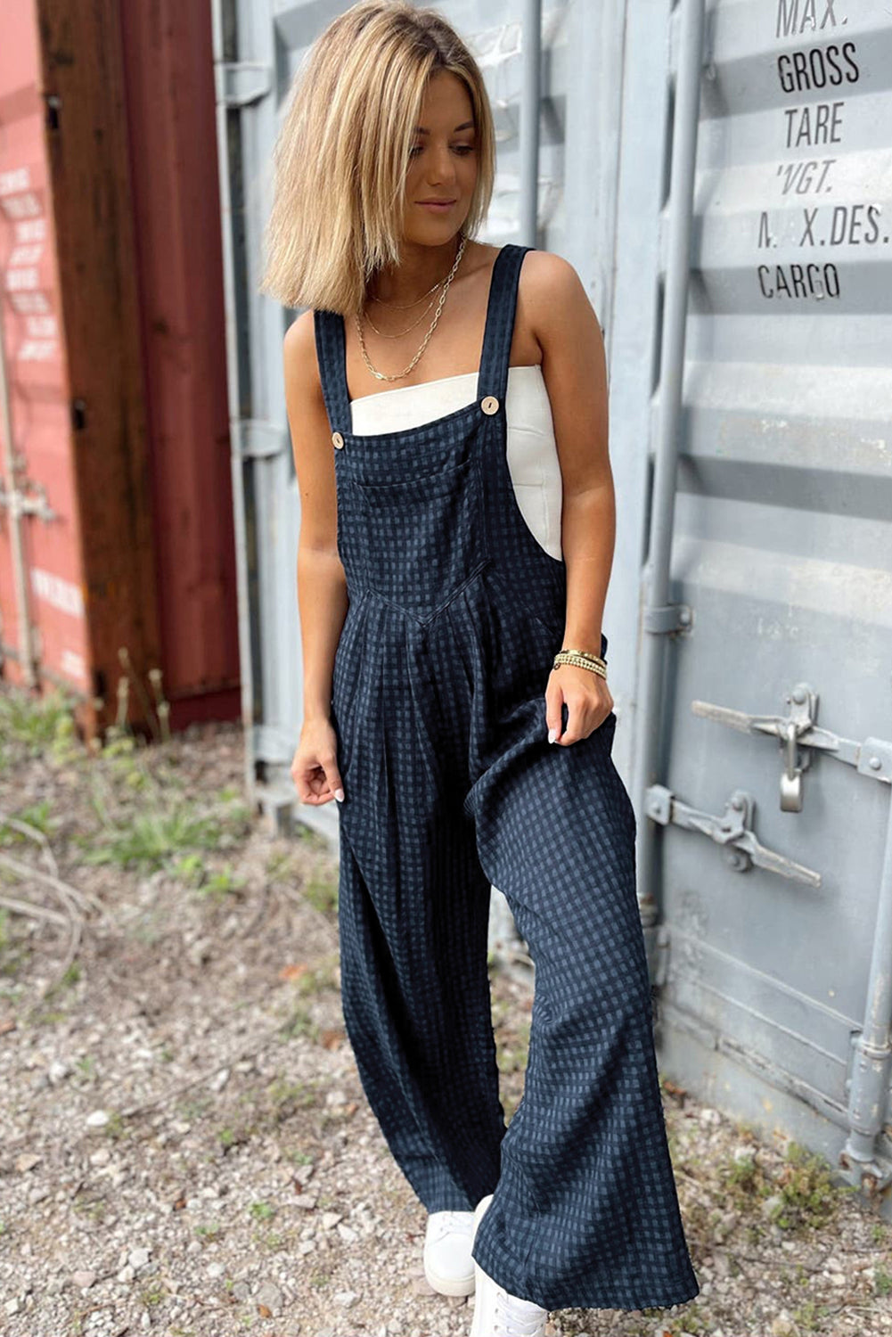 Sail Blue Plaid Print Buttoned Pocketed High Waist Overall Jumpsuits & Rompers JT's Designer Fashion