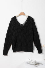 Black Crochet Knit Ribbed Hem Hollow-out Sweater Sweaters JT's Designer Fashion