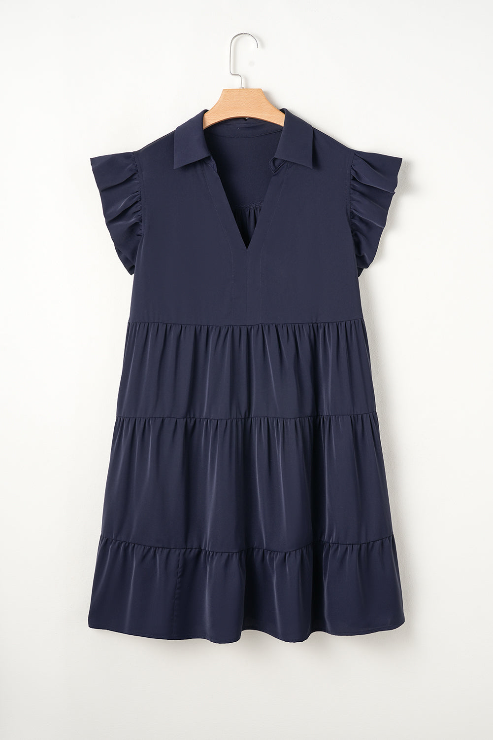 Navy Blue Collared V Neck Flutter Sleeve Tiered Plus Size Dress Plus Size Mini Dresses JT's Designer Fashion