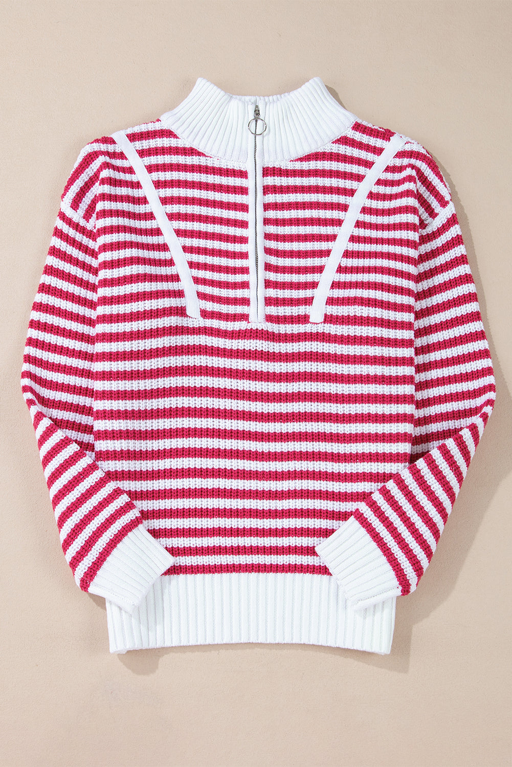 Pink Stripe Zip up Collar Drop Shoulder Sweater Sweaters JT's Designer Fashion