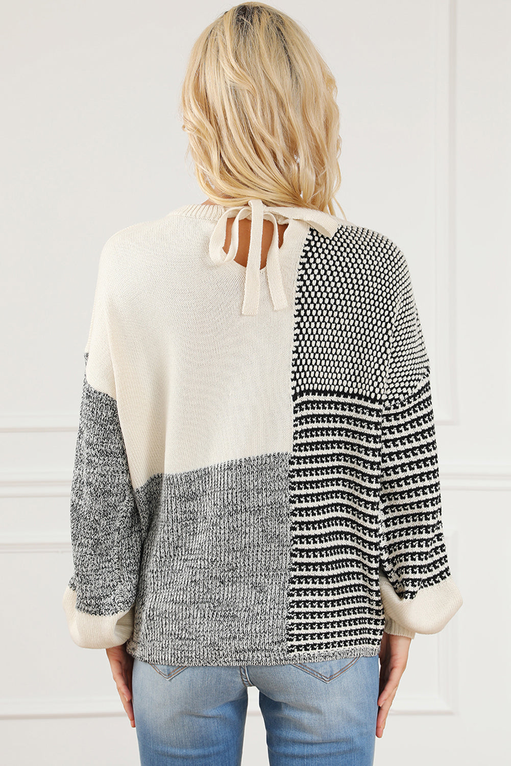 Black Neutral Colorblock Tie Back Sweater Sweaters & Cardigans JT's Designer Fashion