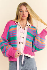 Rose Stripe Colorful Puff Sleeve Drop Shoulder Loose Cardigan Cardigans JT's Designer Fashion