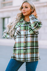Green Geometric Plaid Print Pocketed Shacket Plaid Shackets JT's Designer Fashion