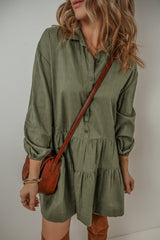 Jungle Green Puff Sleeve Buttoned Tiered Pleated Shirt Mini Dress Mini Dresses JT's Designer Fashion