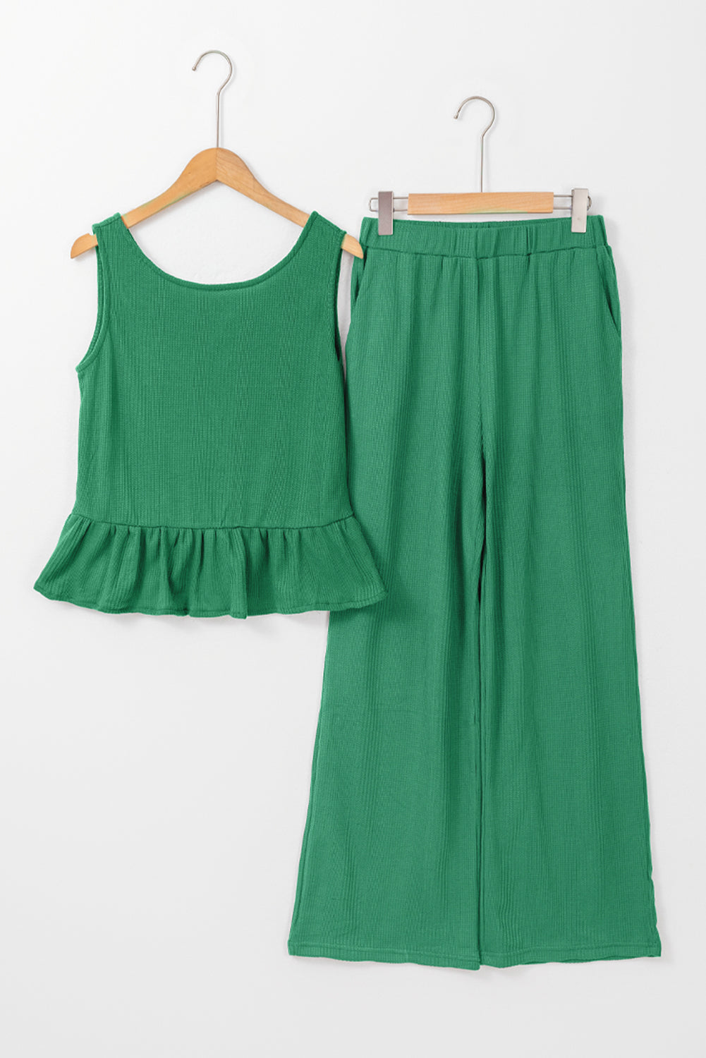 Green Solid Color Ribbed Ruffle Tank Top and Pants Set Pant Sets JT's Designer Fashion