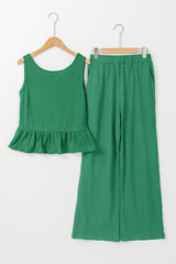 Green Solid Color Ribbed Ruffle Tank Top and Pants Set Pant Sets JT's Designer Fashion