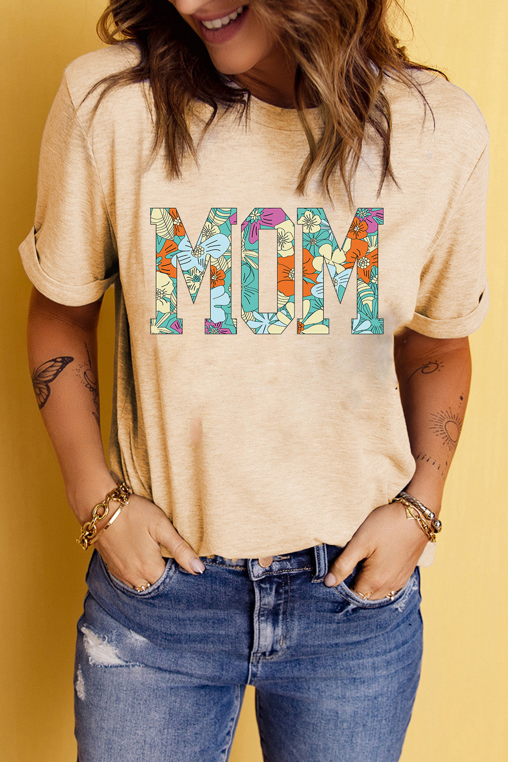 Khaki MOM Floral Letter Print T Shirt Graphic Tees JT's Designer Fashion