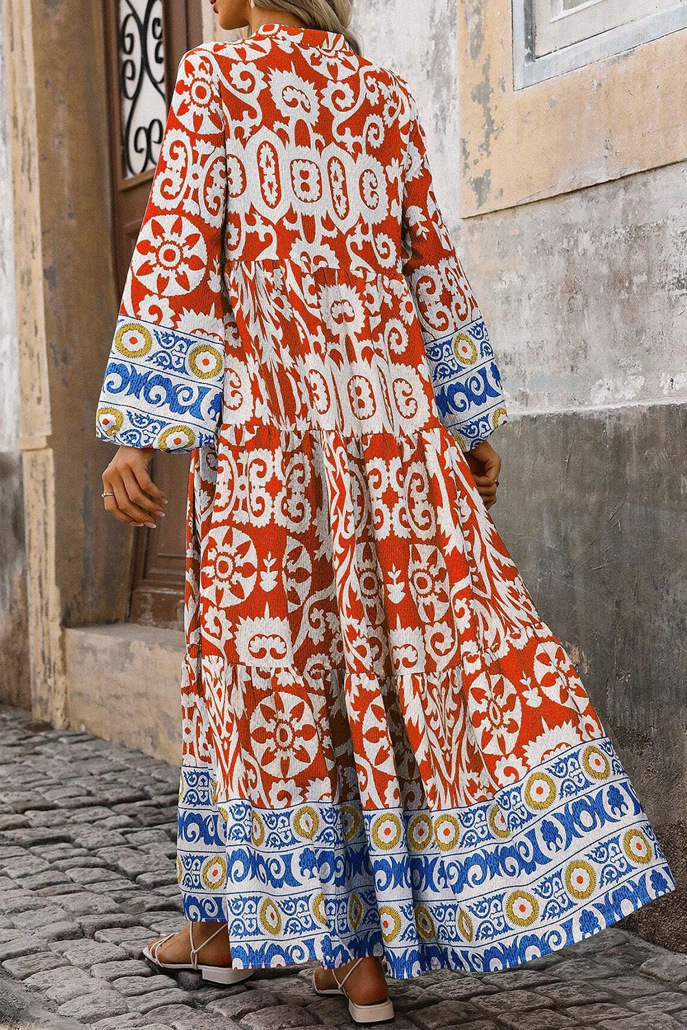 Orange Boho Geometric Printed Long Sleeve Long Dress Maxi Dresses JT's Designer Fashion