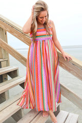 Multicolour Striped Thin Straps Smocked Back Boho Maxi Dress Dresses JT's Designer Fashion