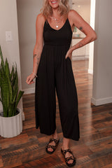 Black Spaghetti Straps Open Back Pleated Wide Leg Jumpsuit Jumpsuits & Rompers JT's Designer Fashion
