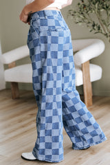 Dusk Blue Checkered Denim Wide Leg Jeans Jeans JT's Designer Fashion