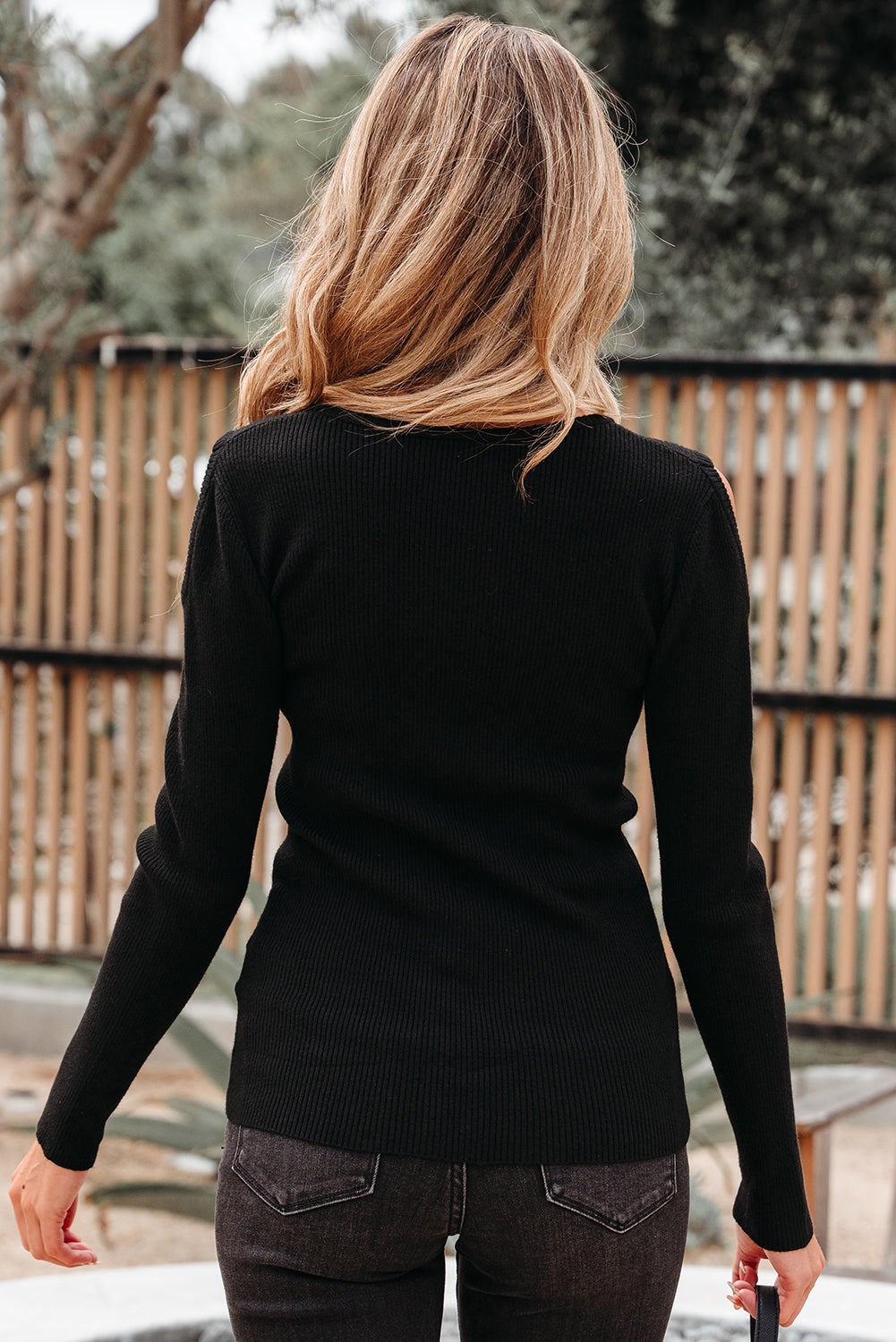 Black Ribbed Knit Cold Shoulder Sweater Sweaters JT's Designer Fashion