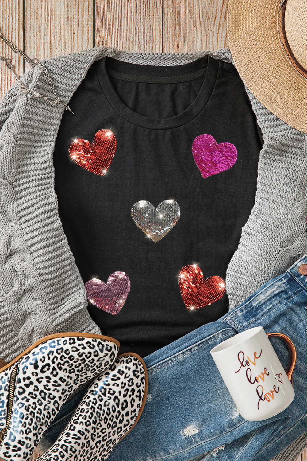 Black Sequin Heart Patched Pattern Crewneck Valentines Tee Graphic Tees JT's Designer Fashion