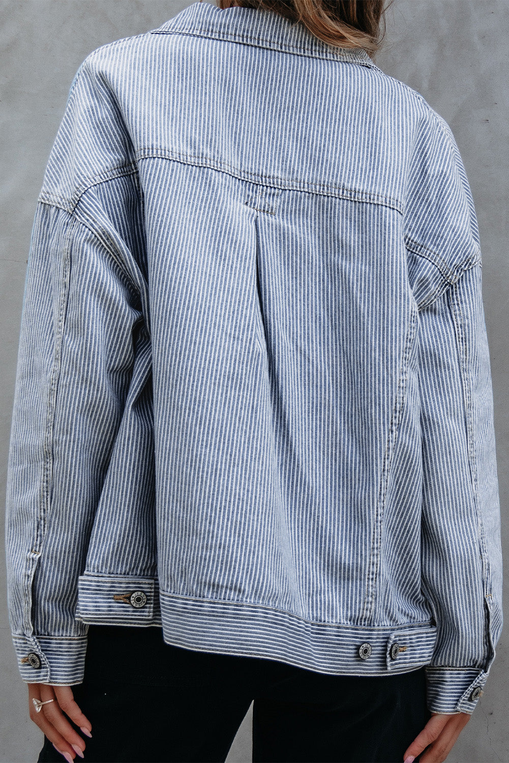 Sky Blue Stripe Washed Oversize Pocketed Denim Jacket Denim Jackets JT's Designer Fashion
