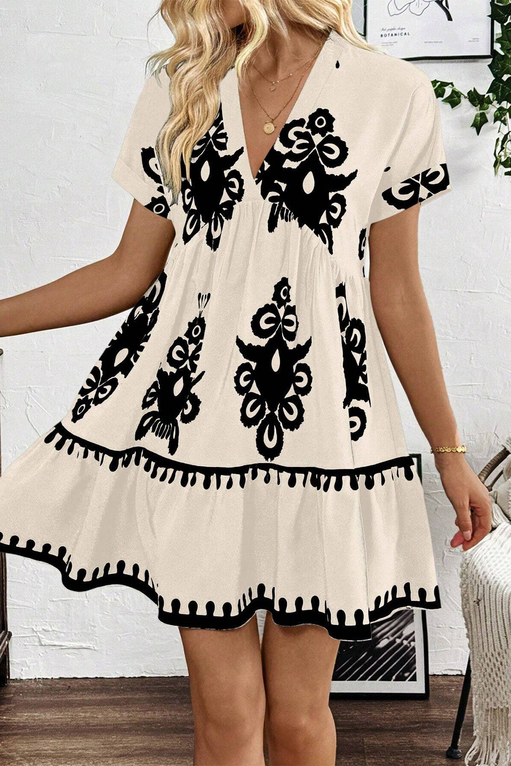 Black Vintage Print V Neck High Waist Short Sleeve Dress Mini Dresses JT's Designer Fashion