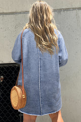 Beau Blue Mineral Wash Long Sleeve Button Up Raw Hem Pocketed Denim Dress Mini Dresses JT's Designer Fashion