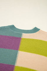 Green Stripe Drop Shoulder Ribbed Edge Casual Sweater Sweaters JT's Designer Fashion