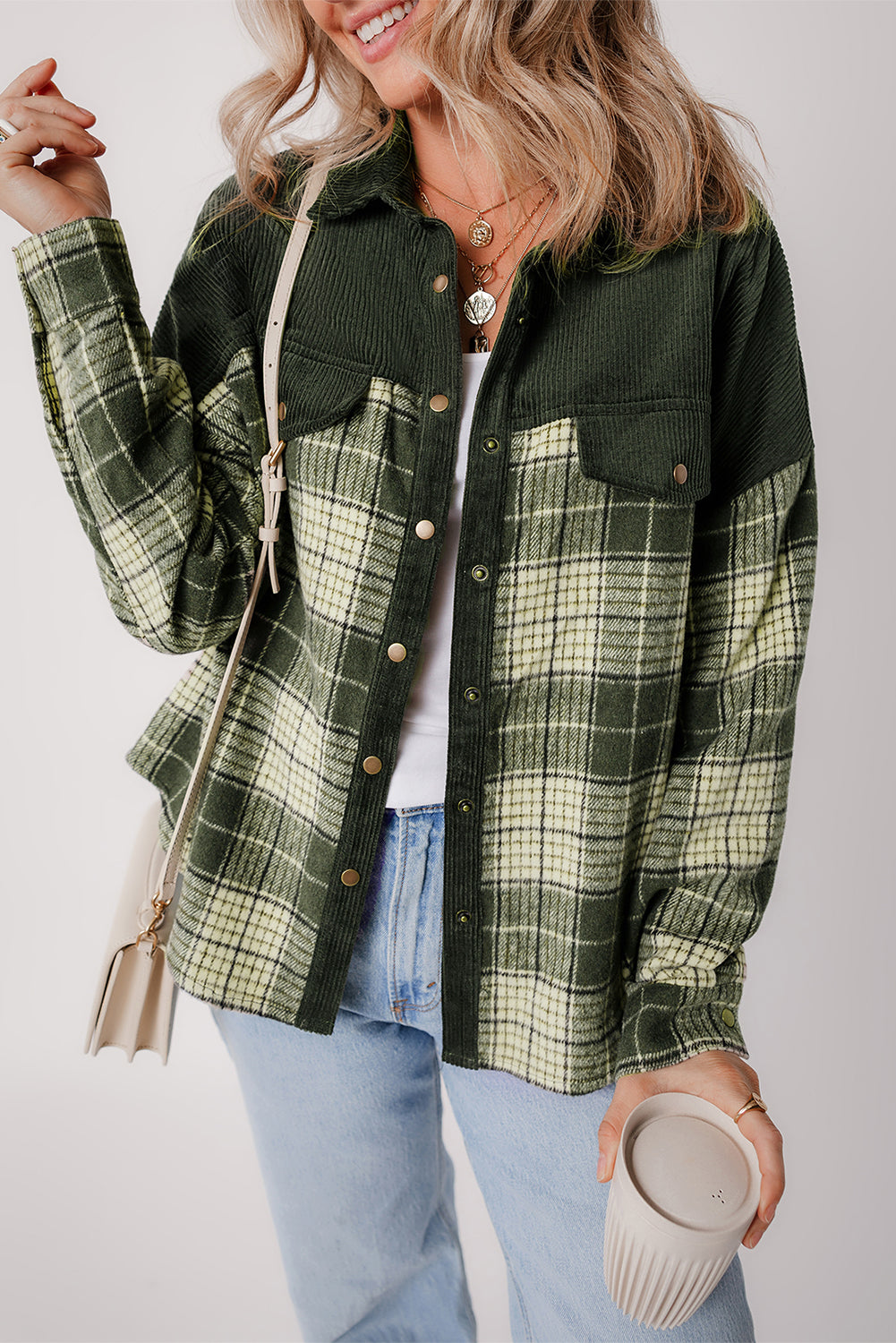 Blackish Green Snap Buttons Colorblock Plaid Shacket Plaid Shackets JT's Designer Fashion