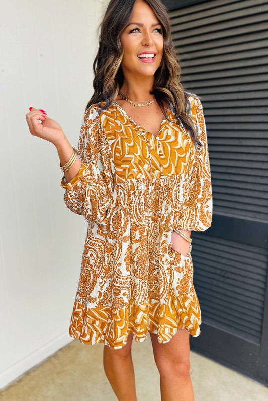 Orange Bohemian Print Puff Sleeve Tied V Neck Flared Mini Dress Mini Dresses JT's Designer Fashion