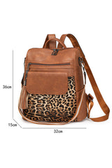 Coffee Leopard Patchwork PU Leather Functional Backpack Backpacks JT's Designer Fashion