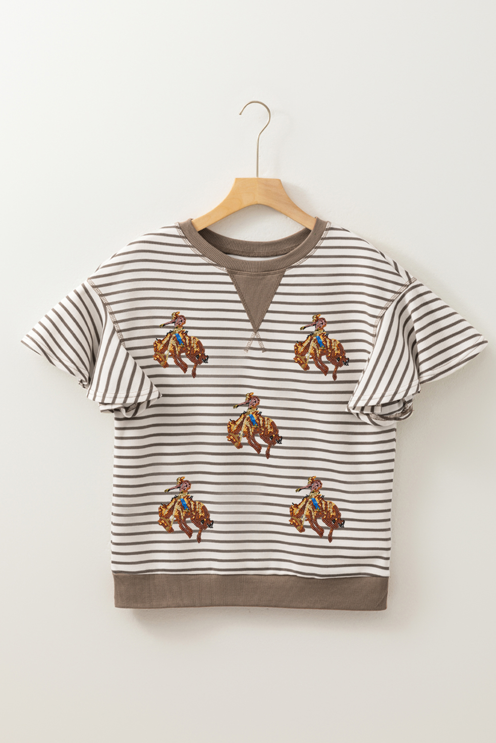 Parchment Sequin Rodeo Patch Pattern Striped Ruffled Sleeve Summer Top Graphic Tees JT's Designer Fashion