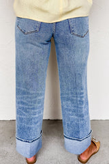 Myosotis Center Seam Cuffed Hem Straight High Waist Jeans Jeans JT's Designer Fashion