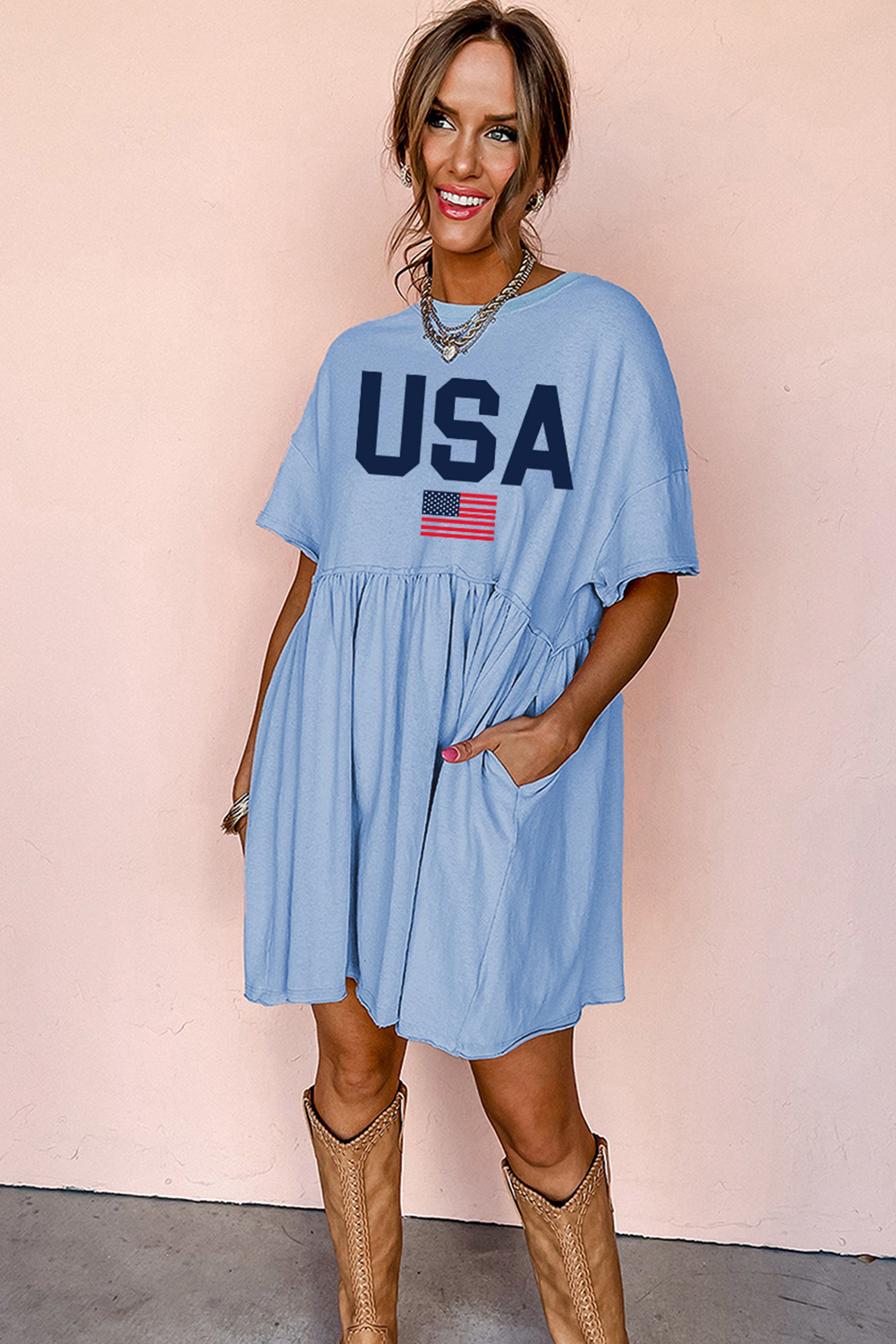 Sky Blue USA Flag Print Short Sleeve High Waist Babydoll Dress Graphic Dresses JT's Designer Fashion
