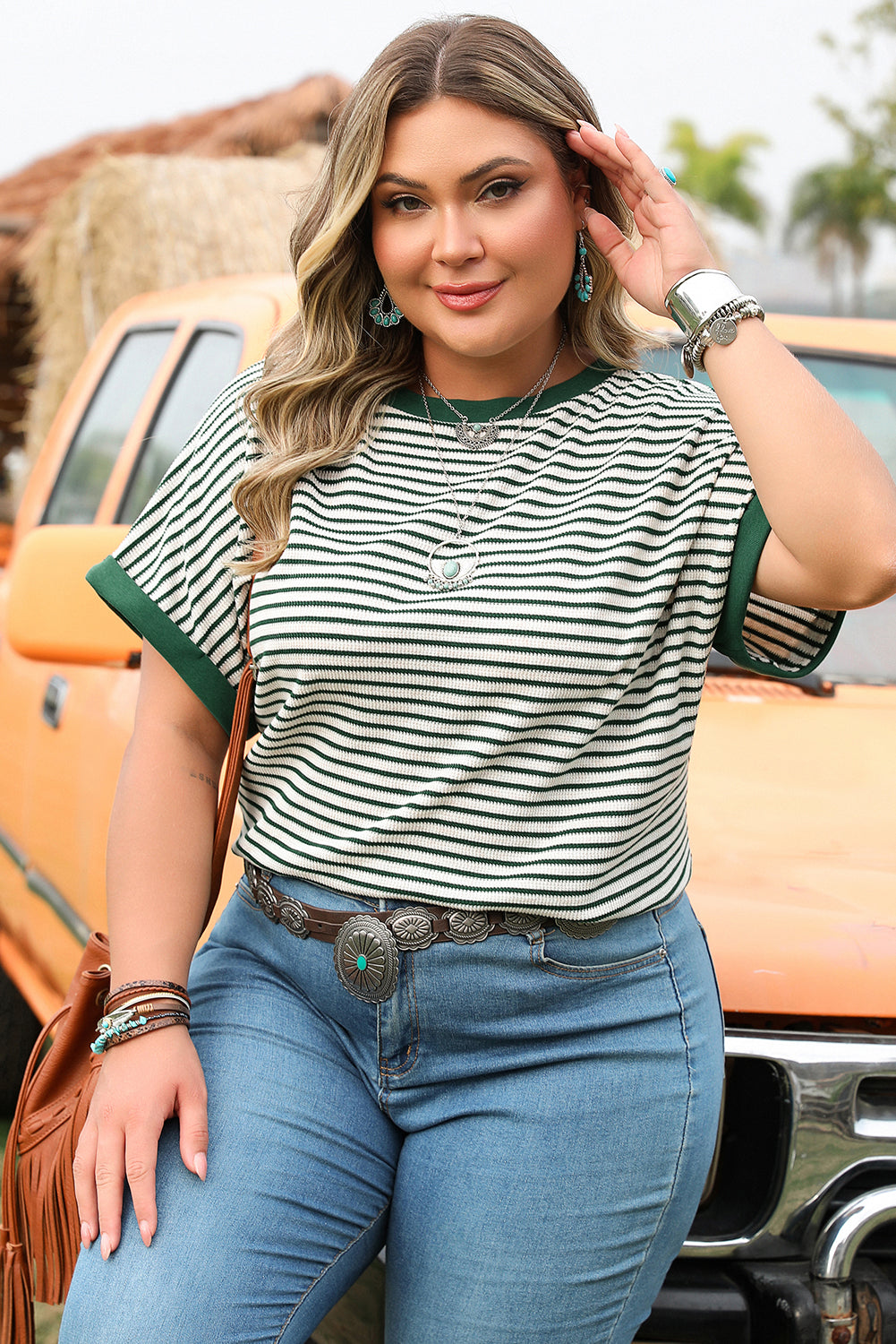 Green Stripe Trimmed Round Neck Plus Size Boxy Fit T-shirt Plus Size Tops & Tees JT's Designer Fashion