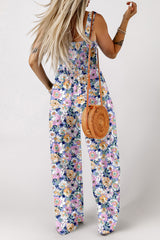 Purple Floral Print Smocked High Waist Square Neck Jumpsuit Dresses JT's Designer Fashion