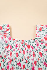 Pink Floral Puff Sleeve Square Neck Empire Waist Tiered Maxi Dress Floral Dresses JT's Designer Fashion