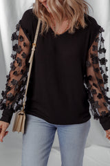 Black Flower Applique Mesh Long Sleeve V Neck Blouse Blouses & Shirts JT's Designer Fashion