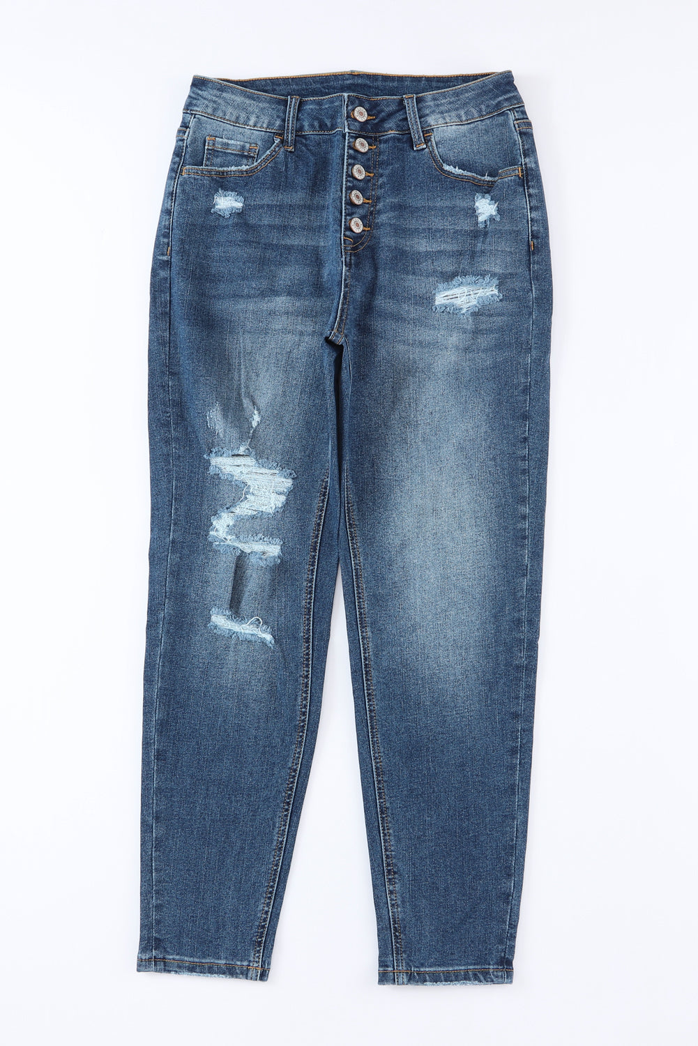 Blue Distressed Button Fly High Waist Skinny Jeans Jeans JT's Designer Fashion